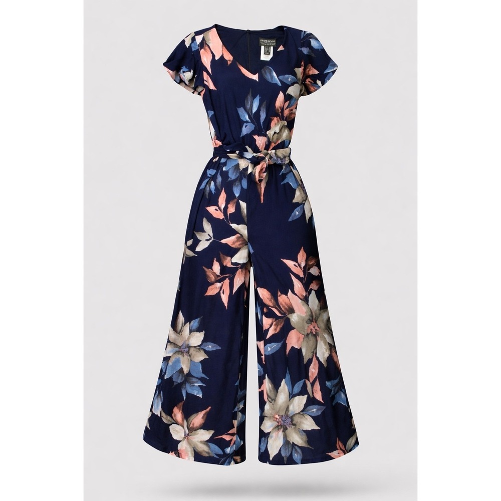 Frank Lyman Floral Wide Leg Jumpsuit Navy Blue Flutter Sleeve V-Neck 196550 6